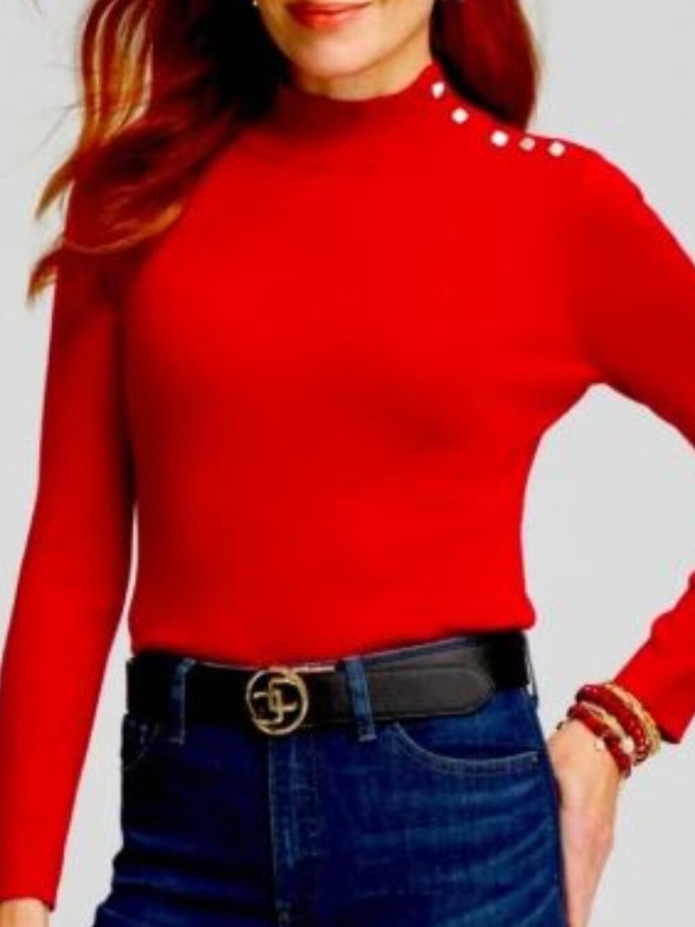 Chico's ECOVERO Red Mock Neck Sweater with Gold Buttons size 2 US L 12